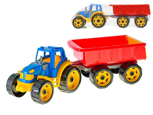 Traktor billenő pótkocsival 54 cm kék/piros hálóban