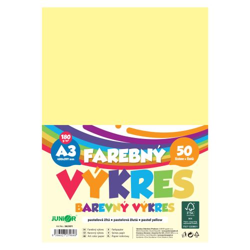 Színes rajzpapír, A3, 180 g/m2, csomag/50 db – pasztellsárga
