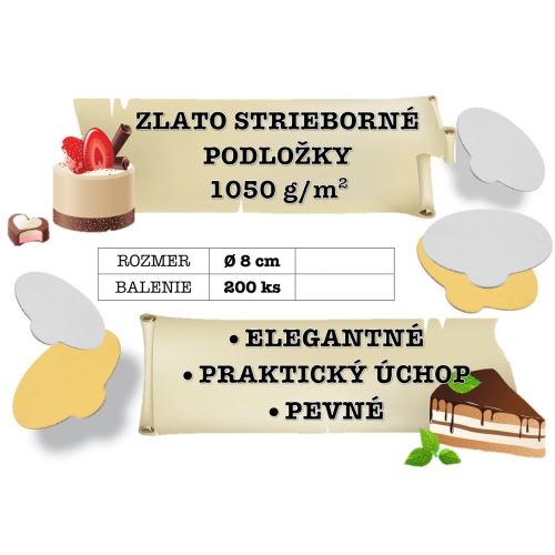 Obojstranné zlato - strieborné podložky na torty, priemer 8 cm (balenie 200 ks)