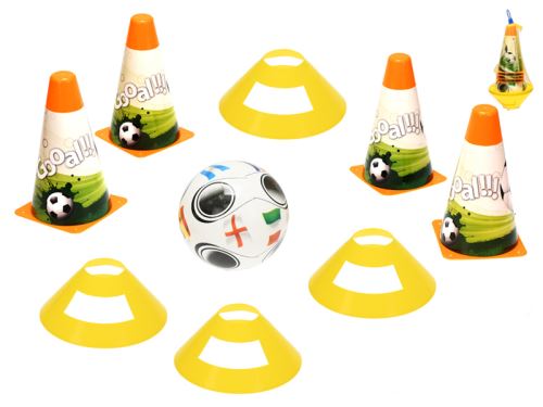 Bója futball edzésre 18 cm 4 db + lapos bójával 4 db labdával 12 cm 10m+ zacskóban