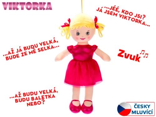 Elemmel működő, csehül beszélő Viktorka textilbaba 32 cm, sötét rózsaszín, 0m+ zsákban