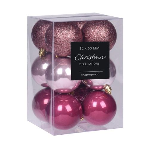 Vianočné gule - sada 12 ks odtiene fialovej, priem. 60 mm, mix lesklá/perleťová