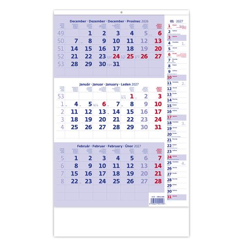 2027-es falinaptár – Háromhavi naptár, kék, jegyzetekkel