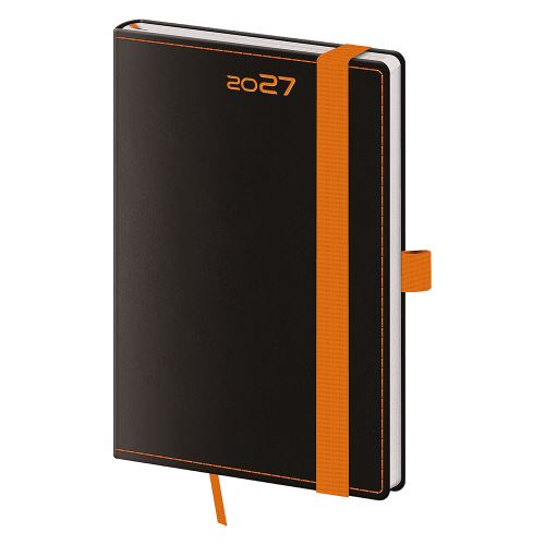 2027-es heti zsebnapló, fekete-narancssárga, tolltartóval