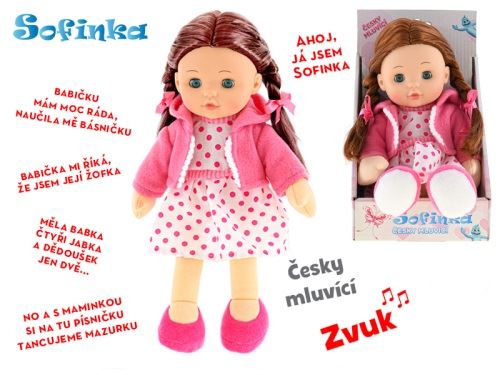 Elemmel működő, csehül beszélő, éneklő, puha testű, kacsintós, Sofinka baba 31 cm, dobozban