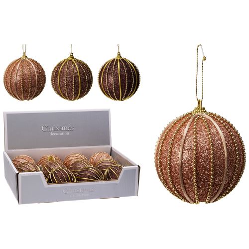 Karácsonyi gömb 80 mm-es csillámos, gorálokkal díszített (3 szín keveréke, ár /1 db)