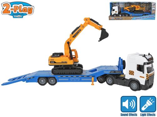 2-Play auto ťahač 38,5cm na zotrvačník na batérie so svetlom a zvukom s bagrom v krabičke