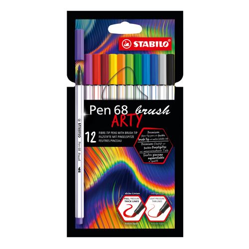STABILO Pen 68 Brush filctoll ecsetvéggel különböző vonalszélességekhez - ARTY, 12 db-os készlet