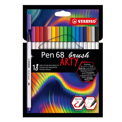 STABILO Pen 68 Brush filctoll ecsetvéggel különböző vonalszélességekhez - ARTY, 18 db-os készlet