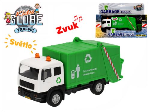 Fém szemetes autó 15 cm, visszahúzós, fény- és hanghatásokkal a dobozban