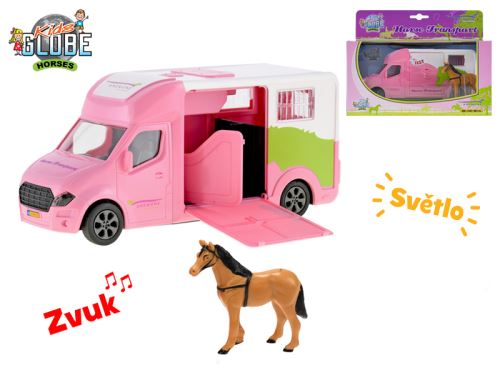 Állatszállító autó, 20 cm, fém, lendkeréken, rózsaszín, elemmel, világítással és hanggal, lóval, dobozban