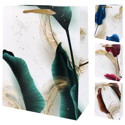 Darčeková taška, feathers/glitter "L" (41,5x30x12 cm) - mix 4 dizajny