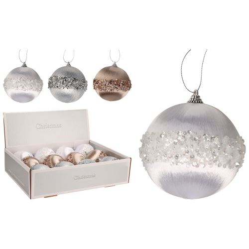 Karácsonyi gömb 100 mm szatén, gorálokkal díszítve (3 színből álló mix, ár /1 db)