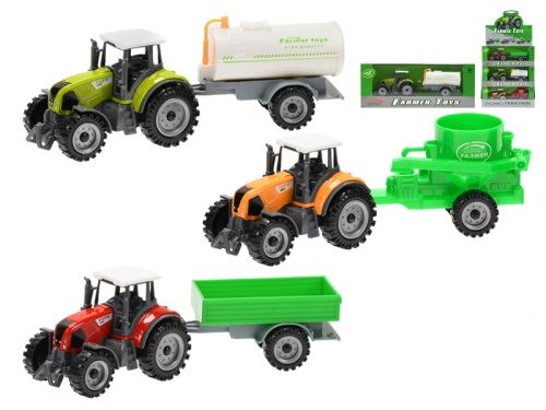 Traktor fém 19 cm pótkocsi szabadonfutó 3 színben 3 féle dobozban 12 db DBX-ben