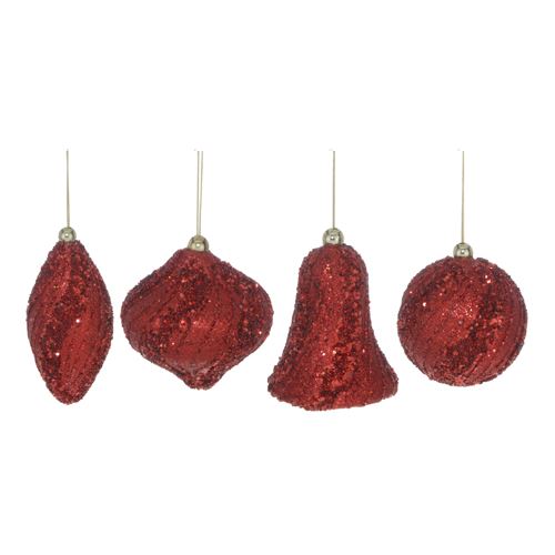 Vianočné ozdoby - PS červené glitter - rôzne tvary 8 cm, set 2ks