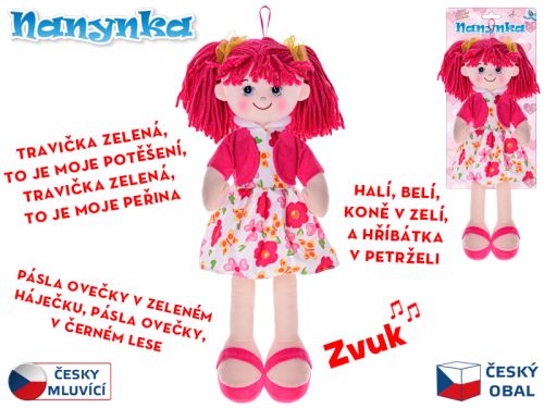 Elemmel működő, csehül beszélő és éneklő, puha testű, piros Nanynka baba 50 cm, 0m+ kartonpapíron