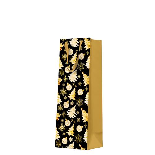 Ajándéktáska üveghez - Golden christmas trees black 12x10x37 cm