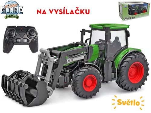 Kids Globe R/C zöld 27 cm-es traktor akkumulátoros homlokrakodóval és fénnyel, 2,4 GHz, dobozban