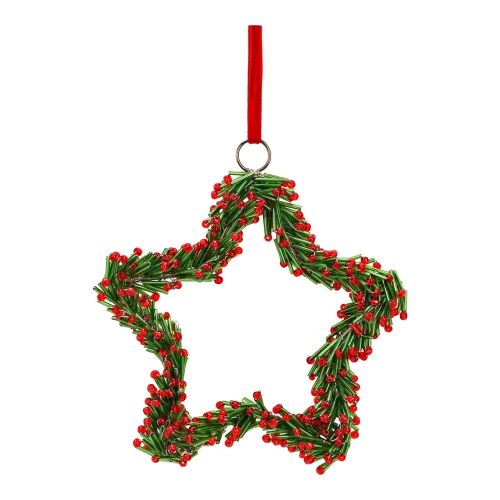Üveg karácsonyi koszorú 14 cm-es, zöld-piros csillag, akasztásra (1)