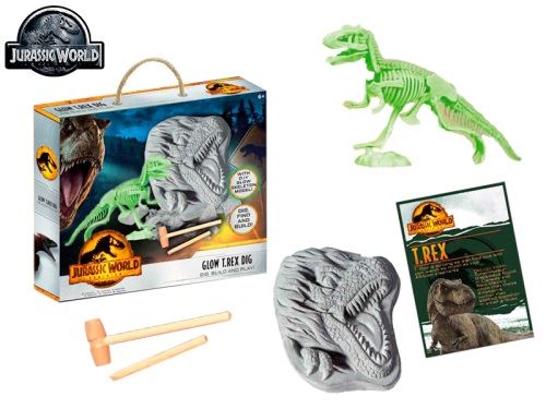 Jurassic World készlet, faragj ki egy T-Rex dinoszaurusz csontvázat, amely sötétben világít, dobozban lévő tartozékokkal