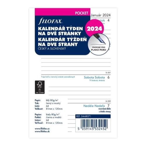 Kalendár Filofax vreckový, týždeň /2 strany ČJ+SJ 2024, linajkový