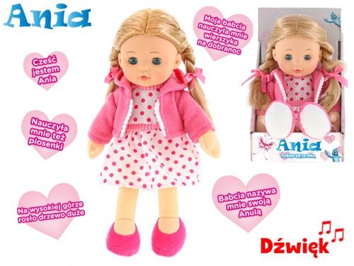 Elemes, lengyelül beszélő, puhatestű, kacsintós, Ania babácska 31cm, dobozban