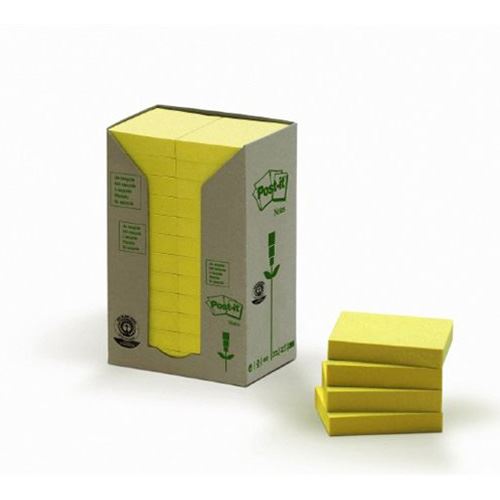 Ragasztható jegyzetblokk, 38x51 mm, 24 x 100 lap, ökológiai, 3M POSTIT, sárga