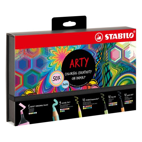 Kreatív készlet STABILO ARTY - Linerek, filctollak, markerek, akvarell zsírkréták 50 db