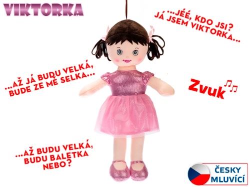 Elemmel működő, csehül beszélő Viktorka textilbaba 32 cm , világos rózsaszín, 0m+ zsákban