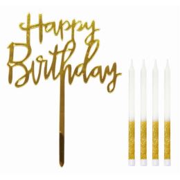 Sviečka tortová, trblietavá 9,5 cm (4 ks) + zlatá ozdoba „Happy Birthday“