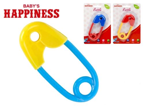 Csörgő biztosítótű 12 cm Baby's Happiness 3 szín 0m+ a kartonpapíron