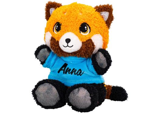 Panda piros plüss 17cm pólóban, nyomtatással, ülve 0m+