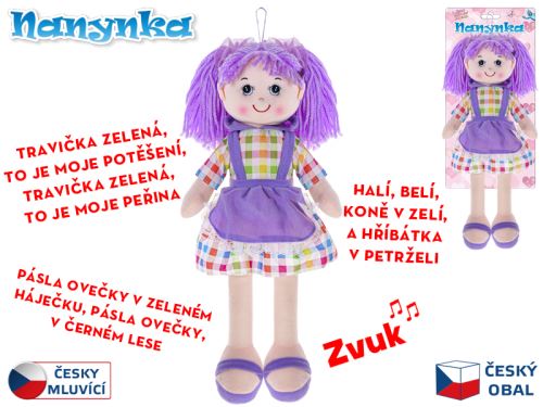 Elemmel működő, csehül beszélő és éneklő, puha testű, lila Nanynka baba 50 cm, 0m+ kartonpapíron