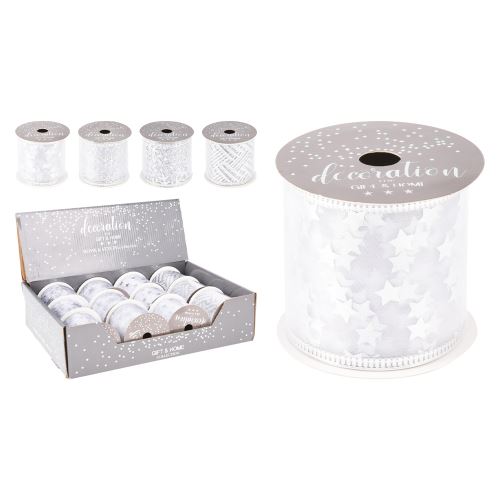 Dekorációs szalag, organza 63x2700 mm - fehér / ezüst (4 motívum)