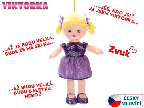 Elemmel működő, csehül beszélő Viktorka textilbaba 32 cm, lila színben, 0m+ zsákban