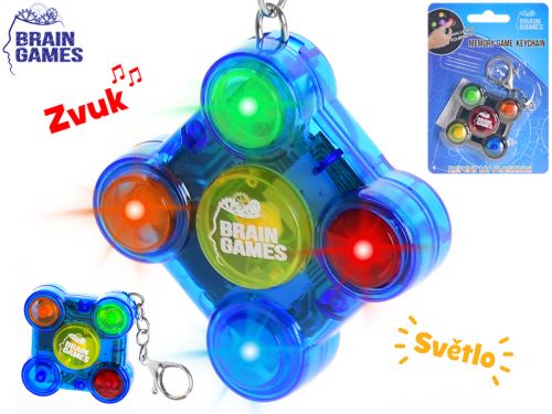 Brain games kulcstartó/memória játék, 5x5 cm, elemmel fény- és hangeffektusokkal, 3 színben, kartonlapon, 12 db DBX-ben