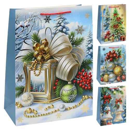 Karácsonyi ajándéktáska 32x26x12 cm (4féle mintából álló válogatás – /ár 1 db-ért)