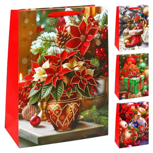 Karácsonyi ajándéktáska 40x30x12 cm (4féle mintából álló válogatás – /ár 1 db-ért)