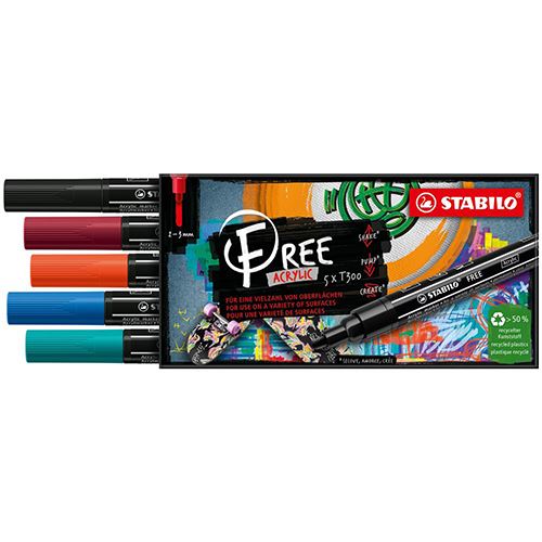 Akril filctoll STABILO FREE Acrylic T300  Kerek hegyű 2-3 mm - Urban, 5 darabos szett