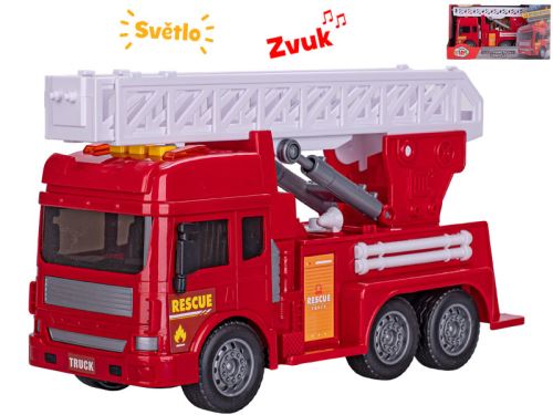 28 cm-es tűzoltóautó létrával, szélkerékkel, elemmel működő, világítással és hanghatásokkal, dobozban