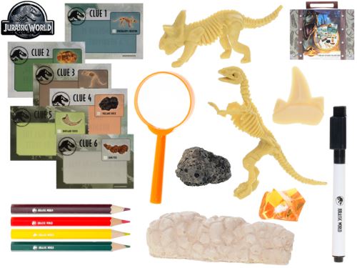 Jura kor - felfedező bőrönd nagyítóval, írószerekkel és dinoszaurusz fosszíliákat tartalmazó készlettel