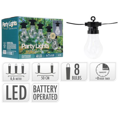 Parti világítás - 40 LED-es izzós lánc, meleg fehér