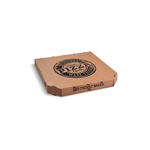 Pizza doboz (mikrohullámú karton) E6 kraft, nyomtatással 33 x 33 x 3 cm [100 db]