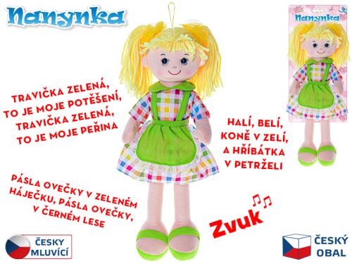 Elemmel működő, csehül beszélő és éneklő, puha testű, sárga Nanynka baba 50 cm, 0m+ kartonpapíron