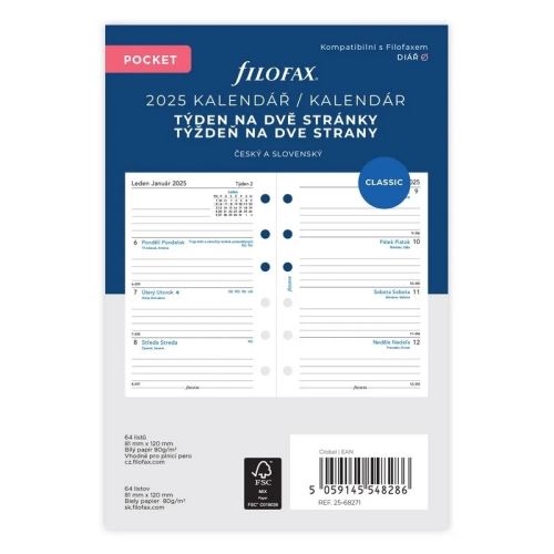 Kalendár Filofax vreckový, týždeň /2 strany ČJ+SJ 2025, linajkový