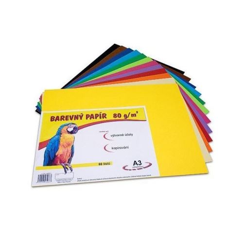 Farebný papier A3, 80g, mix 12 farieb, 5 listov z každej farby, obsahuje čiernu (60ks)