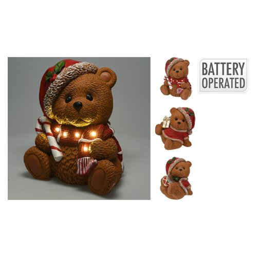 Medve figura karácsonyi sapkával 29 cm és LED fénnyel (3 változat)
